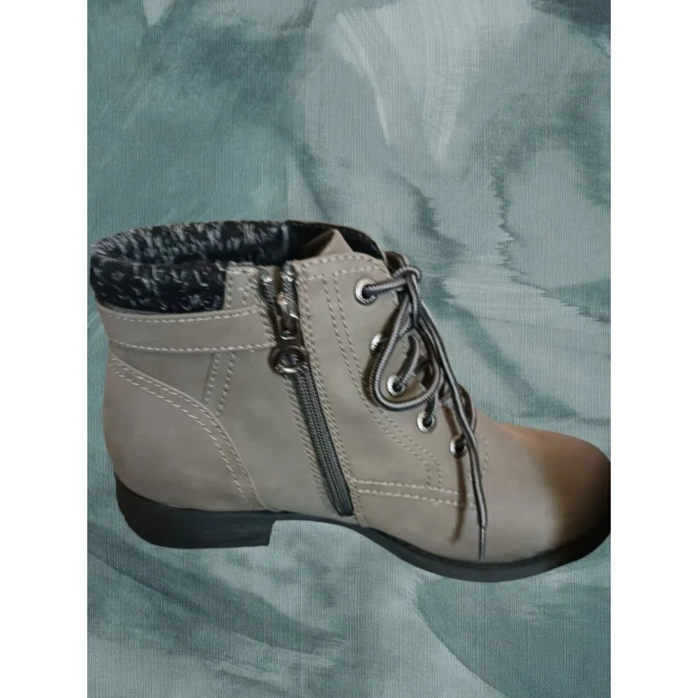Sporto Womens Faux Suede Ankle Boots With Knit Collar & Lace-Up 7.5M gray color
